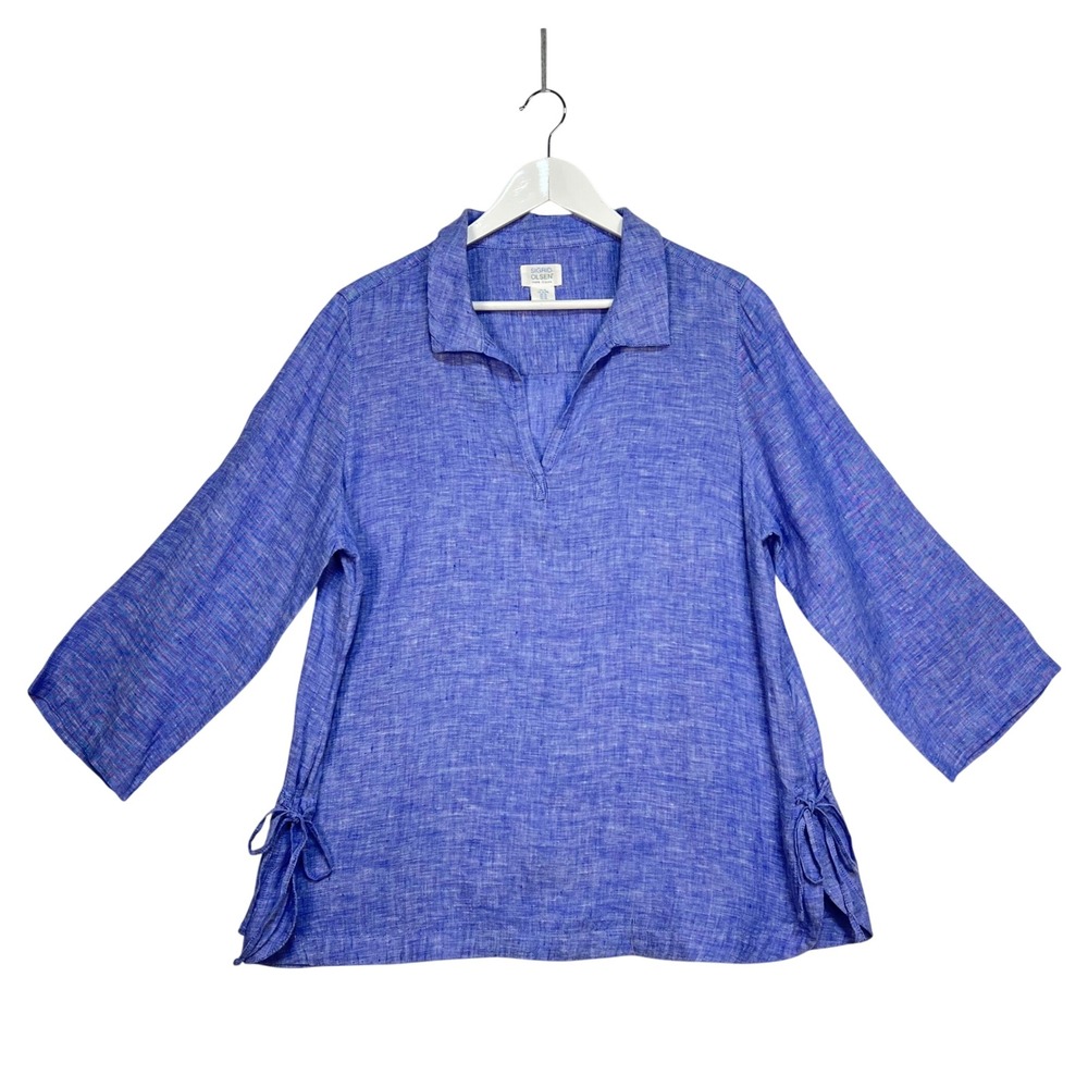 Sigrid Olsen Blue Linen Tunic Top Womens XL Side Ties V-Neck 3/4 Sleeve Coastal